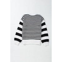 Black white Striped Drop Shoulder Bishop Sleeve Knit Sweater - XL thumbnail