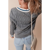 Medium Grey Color Contrast Ribbed Edge Cable Knit V Neck Sweater - 2XL thumbnail
