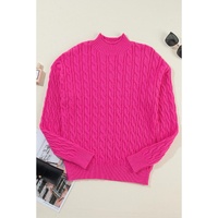 Rose Red Solid Cable Knit High Neck Drop Shoulder Sweater - L thumbnail