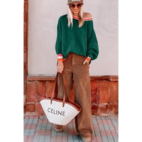 Blackish Green Colorblock Striped Trim Drop Shoulder Sweater - XL thumbnail