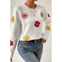 White Colorful Flower Applique Textured Knit Sweater - S thumbnail