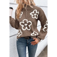 Parchment Contrast Flower Half Zipper Stand Neck Sweater - L thumbnail