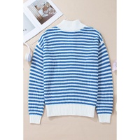 Sky Blue Stripe Zip up Collar Drop Shoulder Sweater - L thumbnail