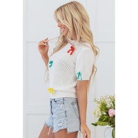White Colorful Bow Knit Mock Neck Short Sleeve Sweater - M thumbnail