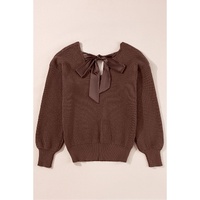 Coffee Lantern Sleeve V Neck Knot Back Sweater - L thumbnail