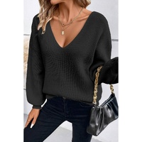 Black Lantern Sleeve V Neck Knot Back Sweater - L thumbnail