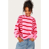 Pink Stripe Bubble Sleeve Drop Shoulder Ribbed Trim Sweater - L thumbnail