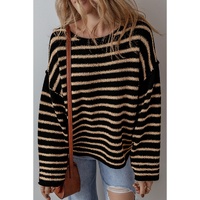 Black Stripe Drop Shoulder Round Neck Loose Sweater - S thumbnail