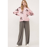 Light Pink Bow Pattern Knitted Loose Fit Sweater - L thumbnail