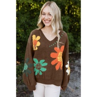 Coffee Big Flower Pattern V Neck Drop Shoulder Sweater - L thumbnail