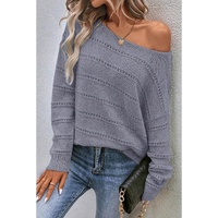 Light Grey Boat Neck Drop Shoulder Pointelle Knit Sweater - L thumbnail
