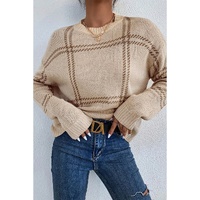 Khaki Plaid Pattern Knitted Drop Shoulder Sweater - L thumbnail