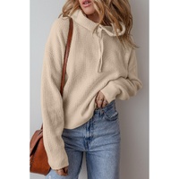 Beige Solid Color Drawstring Hooded Drop Shoulder Pullover Sweater - S thumbnail