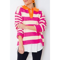 Rose Stripe Color Block Collared V Neck Drop Shoulder Sweater - L thumbnail
