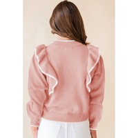 Light Pink Ruffled Bowknot Ribbed Trim Long Sleeve Sweater - L thumbnail