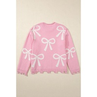 Pink Pearl Beaded Bowknot Pattern Distressed Split Hem Sweater - L thumbnail