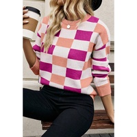 Pink Checkered Ribbed Edge O Neck Drop Shoulder Sweater - XL thumbnail