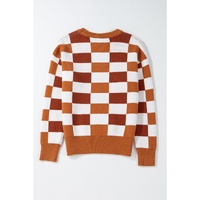 Orange Checkered Ribbed Edge O Neck Drop Shoulder Sweater - L thumbnail