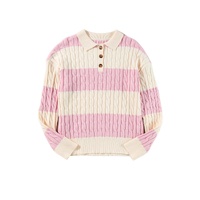 Pink Stripe Cable Knit Collared Henley Sweater - L thumbnail