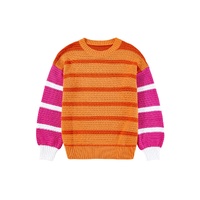 Orange Stripe Colorblock Crew Neck Drop Shoulder Loose Sweater - L thumbnail