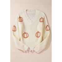 Beige Cable Knit Pumpkin Raw Hem V Neck Loose Sweater - L thumbnail