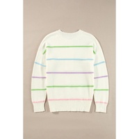 White Rainbow Stripes Drop Shoulder Baggy Henley Sweater - S thumbnail