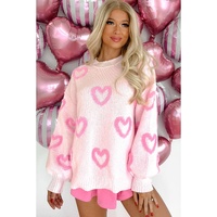 Pink Heart Shape Bubble Sleeve Baggy Sweater - L thumbnail
