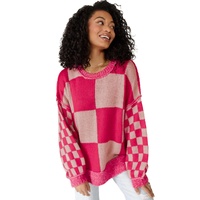 Rose Red Mixed Checkered Pattern Drop Shoulder Loose Sweater - L thumbnail