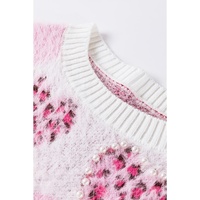 Pink Heart Leopard Print Pearled Ribbed Trim Fuzzy Sweater - L thumbnail