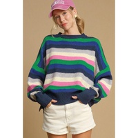 Bright Green Rainbow Striped Crew Neck Drop Shoulder Sweater - S thumbnail
