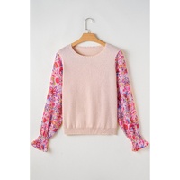 Oatmeal Floral Printed Patchwork Smocked Lantern Sleeve Knit Top - L thumbnail