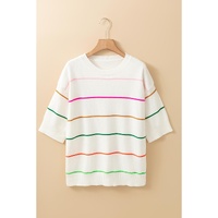 White Colorblock Striped Half Sleeve Drop Shoulder Sweater - M thumbnail