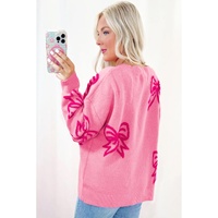 Pink Bow Pattern Drop Shoulder Loose Sweater - S thumbnail