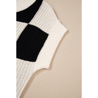 Black Checkered Color Block Crew Neck Short Sleeve Sweater - S thumbnail