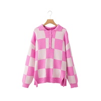 Pink Checkerboard Half Button Collared Drop Shoulder Sweater - S thumbnail