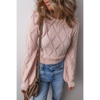 Gossamer Pink Openwork Plaid Puff Sleeve Cropped Sweater - L thumbnail