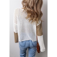 Brown Colorblock Hollow-out Front Tie V Neck Lightweight Sweater - L thumbnail