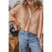 Apricot Pink Hollowed Knit 3/4 Dolman Sleeve Buttoned Collared Sweater - L thumbnail