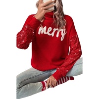 Racing Red Merry Graphic Sequin Sleeves Christmas Turtleneck Sweater - M thumbnail