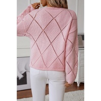 Light Pink Hollowed Rhombus Pattern Sequin Detail Round Neck Sweater - L thumbnail