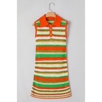 Yellow Stripe Eyelet Sleeveless Buttoned Split Neck Sweater Dress - L thumbnail