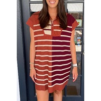 Brown Stripe Color Block Quarter Zip Collar Short Sleeve Sweater Dress - XL thumbnail