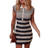 Black Mixed Striped Print Half Placket Collared Cap Sleeve Bodycon Sweater Dress - L thumbnail