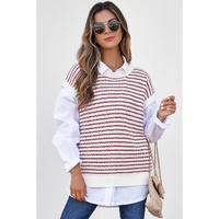 Red Stripe Ribbed Trim Loose Fit Knitted Sweater Vest - L thumbnail
