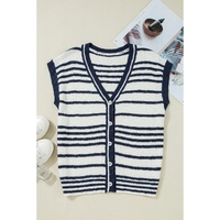 Blue Stripe Loose Buttoned V Neck Sweater Vest - L thumbnail