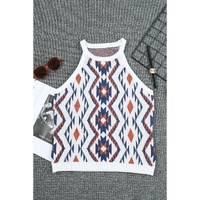 White Aztec Geometric Print Knitted Tank Top - M thumbnail