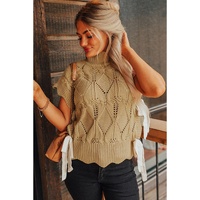 Light French Beige Hollowed Knit Scalloped Trim High Neck Sweater - M thumbnail