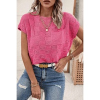 Bright Pink Lattice Textured Knit Short Sleeve Sweater - L thumbnail