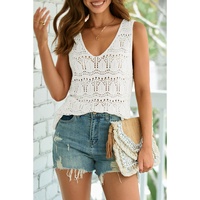 White V Neck Textured Hollow-out Sweater Vest - L thumbnail