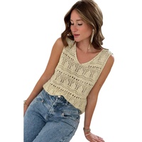Apricot V Neck Textured Hollow-out Sweater Vest - M thumbnail